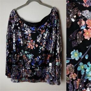 Boston Proper Blouse Size Large Top Long Sleeves Sequins Vibrant Floral Black